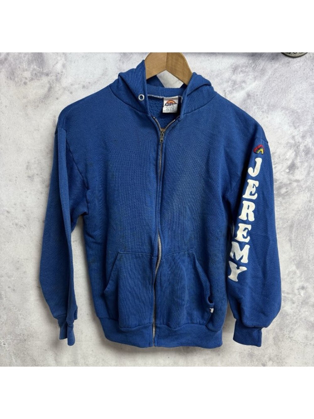 True Vintage 80s Dickies Hoodie Mens Small Blue Full Zip Sweatshirt USA